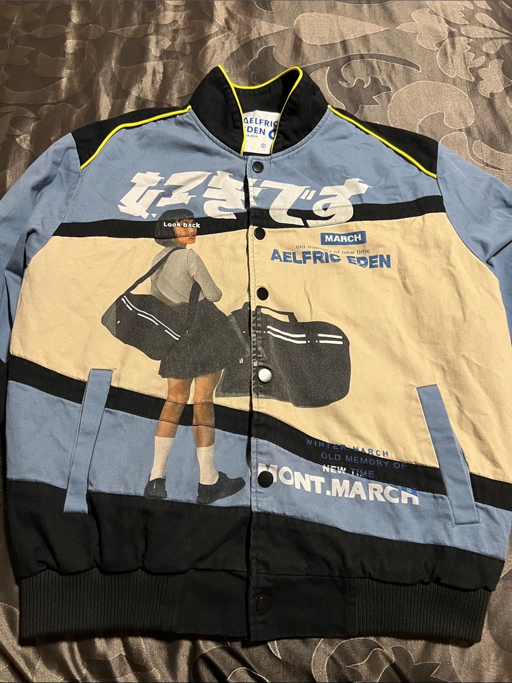 Aelfric Eden Japanese Girl Retro Streetwear Blue Black Graphic Bomber Jacket SM